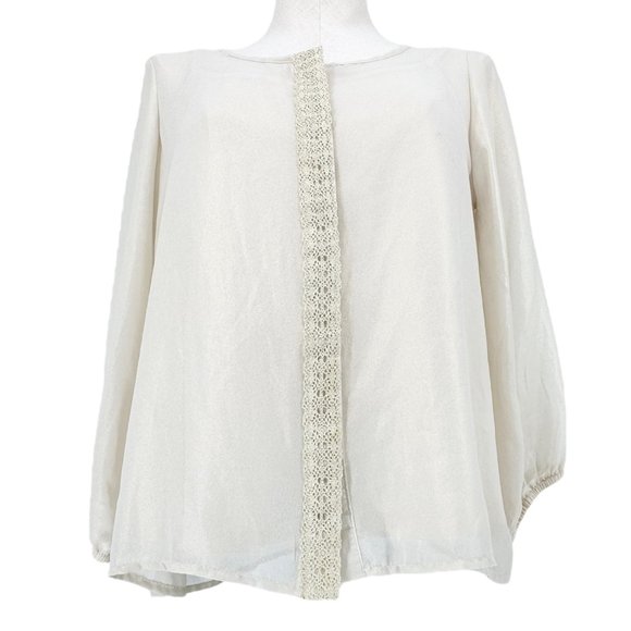 NY Collection Top Womens Small Cream Gold Shimmer 3/4 Sleeve Button Lace NWT - Picture 1 of 13
